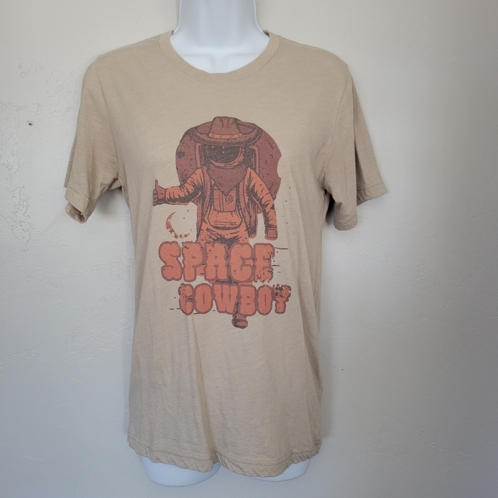 Space Cowboy Women's Small Beige Orange Graphic Tee Astronaut Bella Canvas Soft